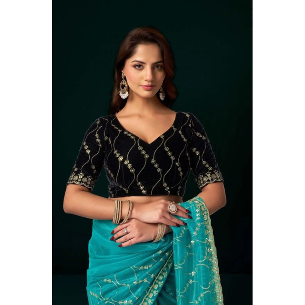 Snuggle Spot Women's Net Sequence Saree With Unstitched Blouse 5.5Mtr (Turquoise)