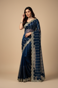 Snuggle Spot Women's Net Sequence Saree With Unstitched Blouse 5.5Mtr (Blue)