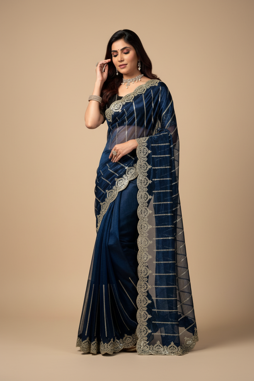 Snuggle Spot Women's Net Sequence Saree With Unstitched Blouse 5.5Mtr (Blue)