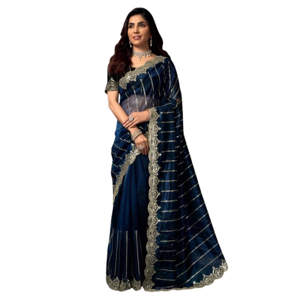 Snuggle Spot Women's Net Sequence Saree With Unstitched Blouse 5.5Mtr (Blue)