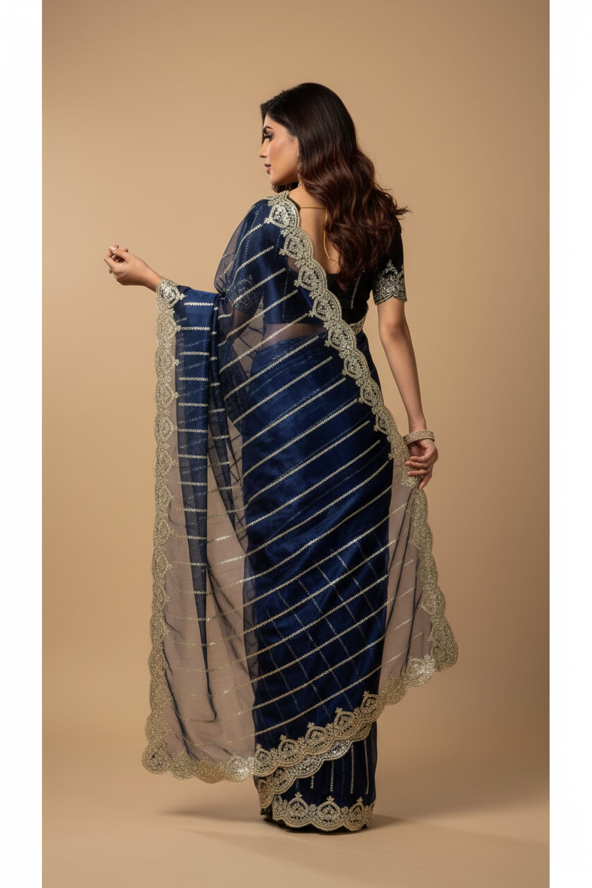 Snuggle Spot Women's Net Sequence Saree With Unstitched Blouse 5.5Mtr (Blue)