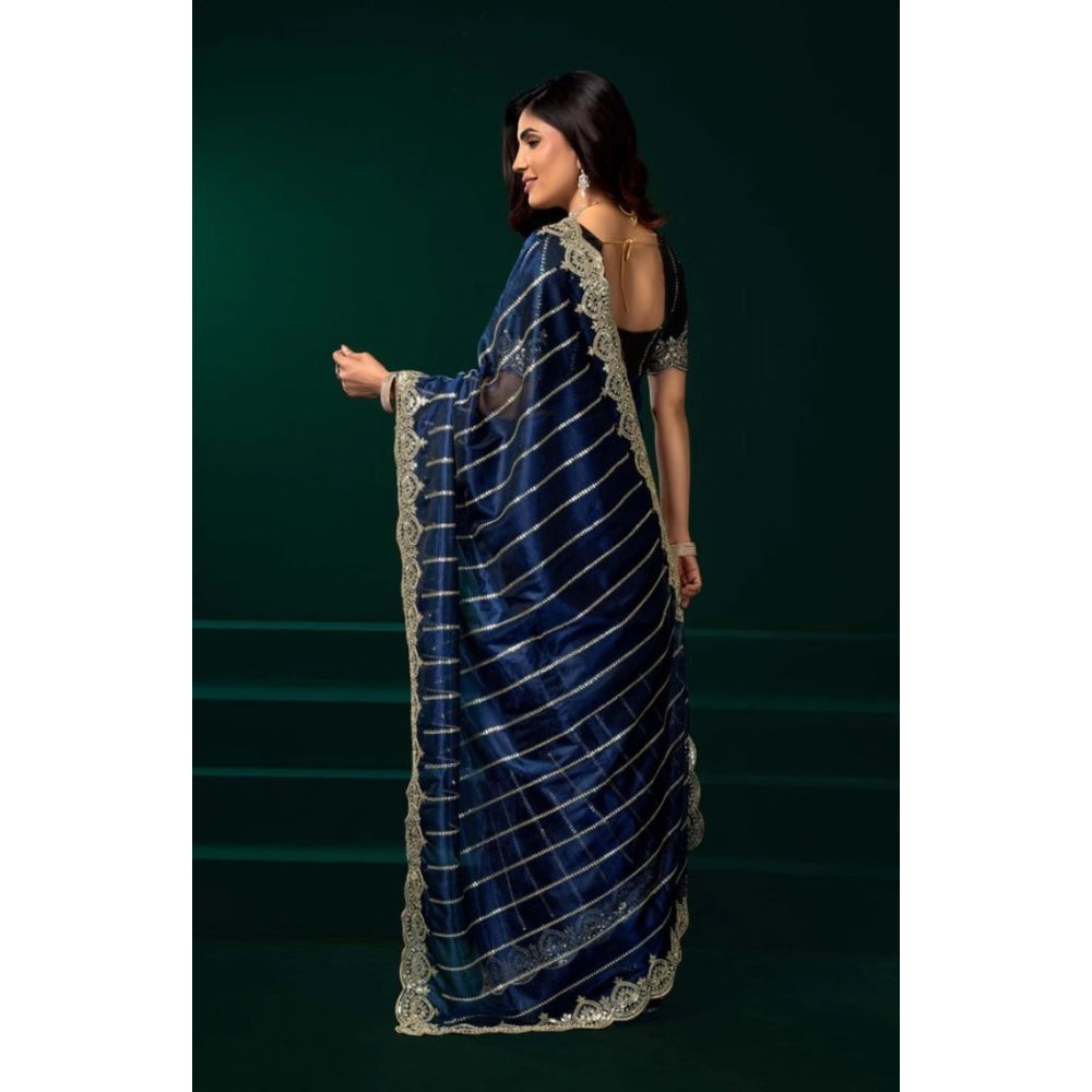 Snuggle Spot Women's Net Sequence Saree With Unstitched Blouse 5.5Mtr (Blue)