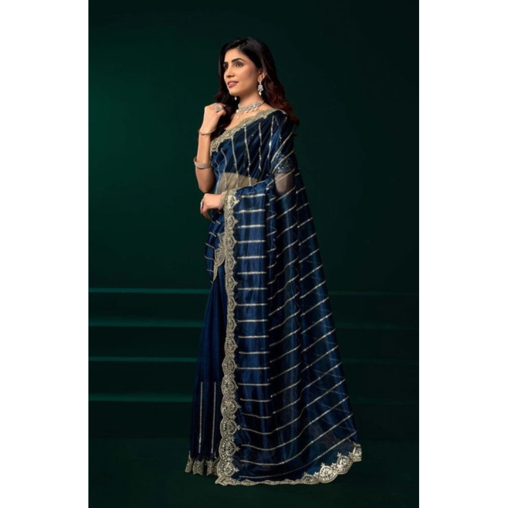 Snuggle Spot Women's Net Sequence Saree With Unstitched Blouse 5.5Mtr (Blue)