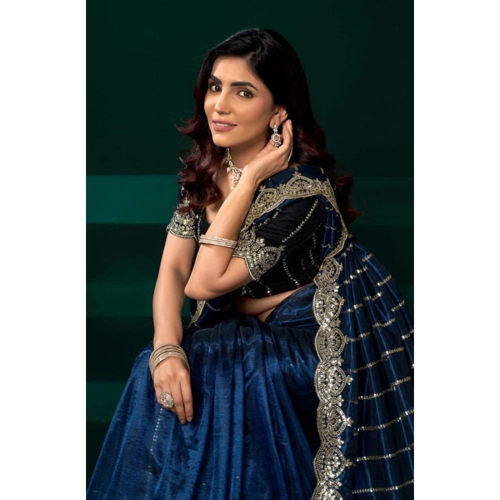 Snuggle Spot Women's Net Sequence Saree With Unstitched Blouse 5.5Mtr (Blue)