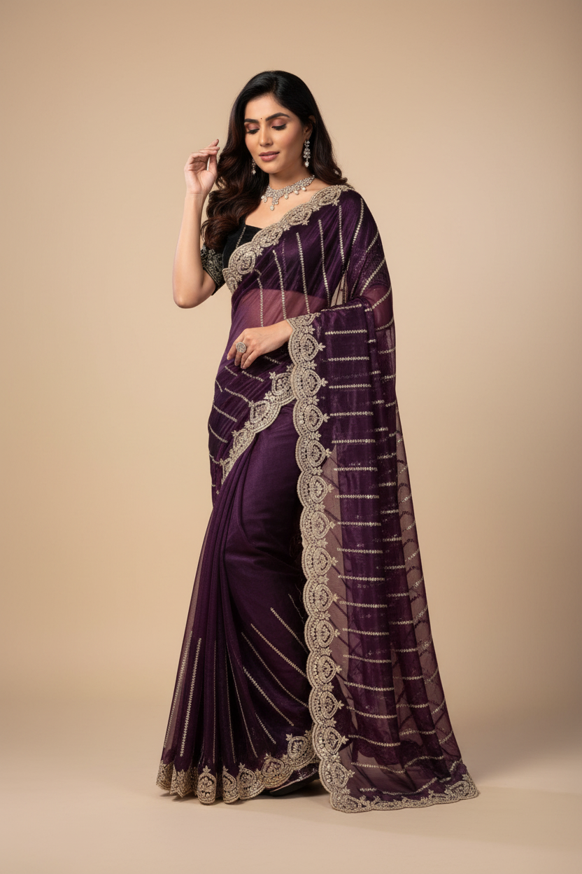 Snuggle Spot Women's Net Sequence Saree With Unstitched Blouse 5.5Mtr (Wine)