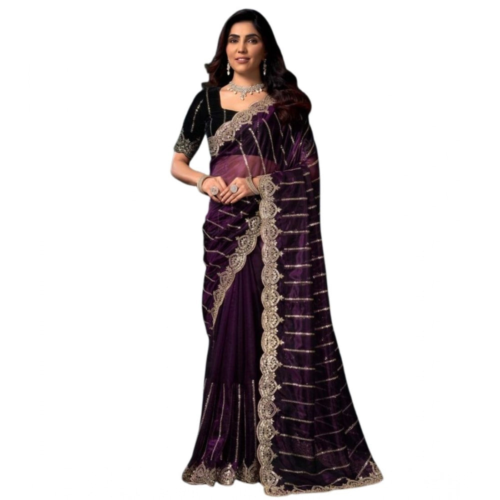 Snuggle Spot Women's Net Sequence Saree With Unstitched Blouse 5.5Mtr (Wine)