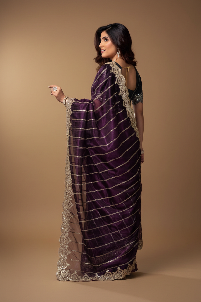 Snuggle Spot Women's Net Sequence Saree With Unstitched Blouse 5.5Mtr (Wine)
