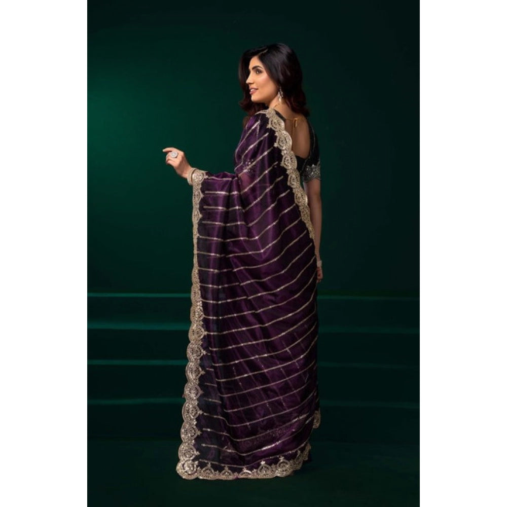 Snuggle Spot Women's Net Sequence Saree With Unstitched Blouse 5.5Mtr (Wine)