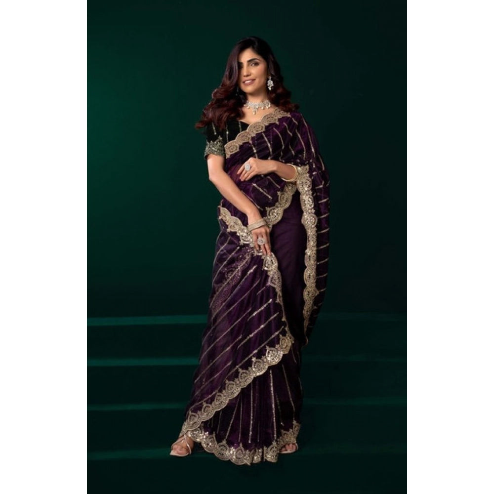 Snuggle Spot Women's Net Sequence Saree With Unstitched Blouse 5.5Mtr (Wine)