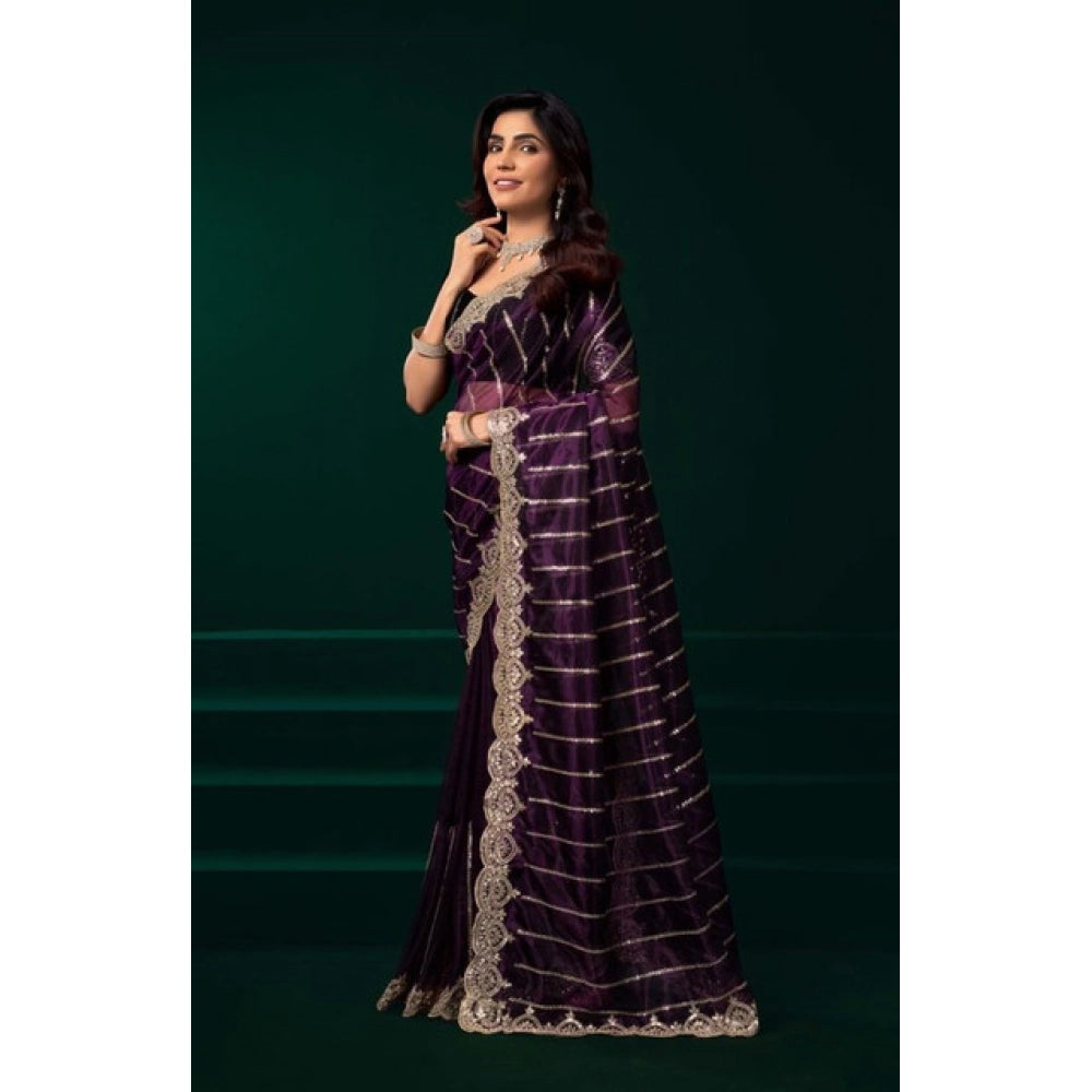 Snuggle Spot Women's Net Sequence Saree With Unstitched Blouse 5.5Mtr (Wine)