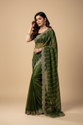 Snuggle Spot Women's Net Sequence Saree With Unstitched Blouse 5.5Mtr (Green)