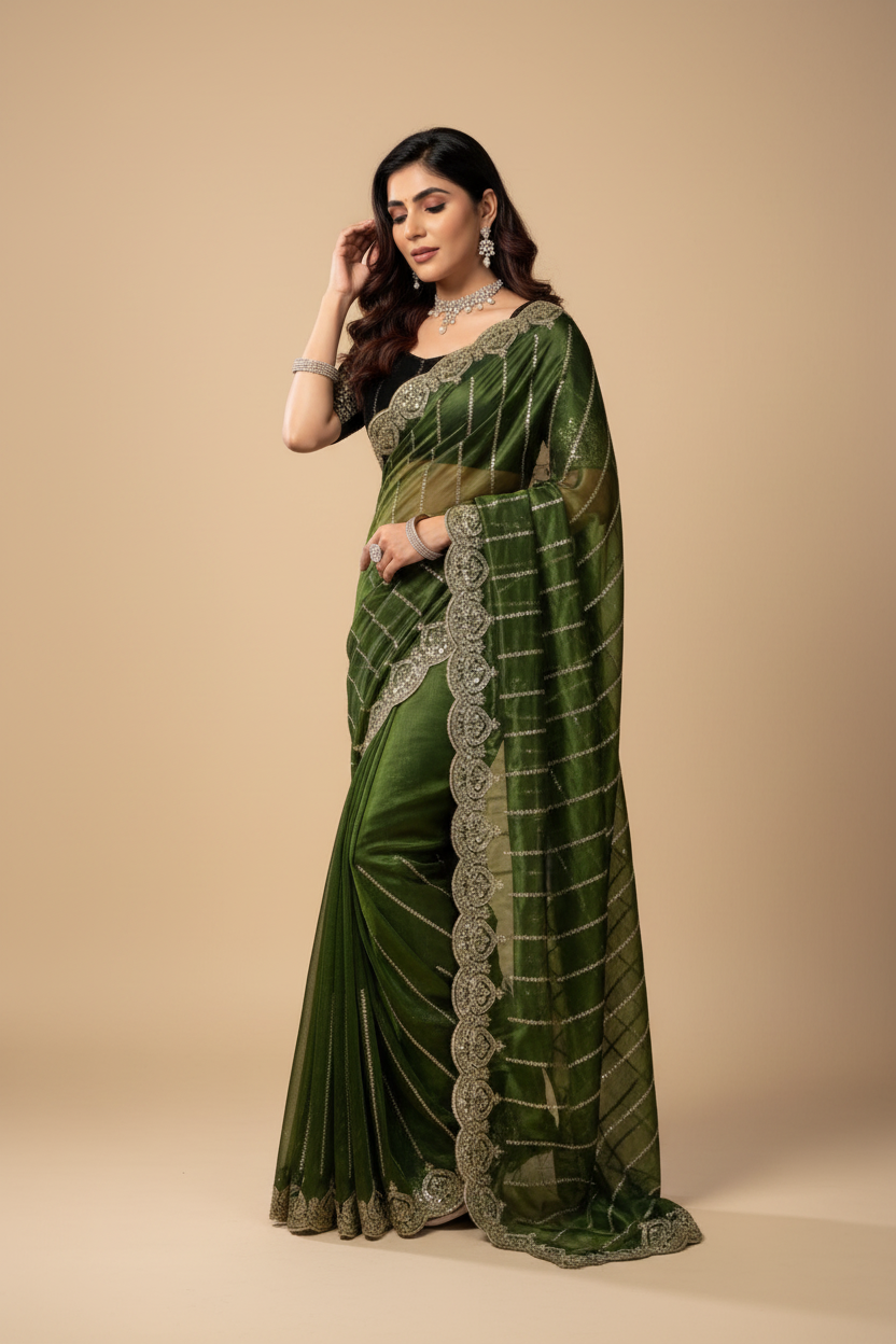 Snuggle Spot Women's Net Sequence Saree With Unstitched Blouse 5.5Mtr (Green)