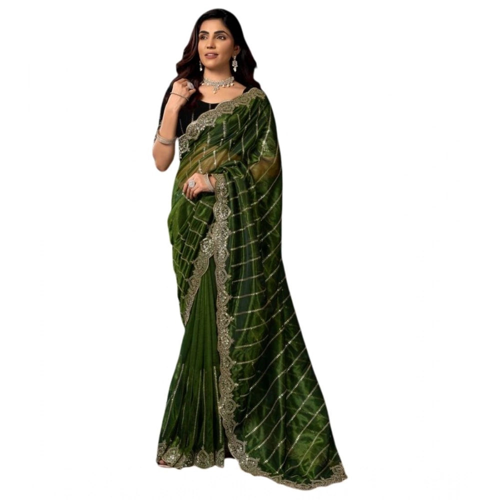 Snuggle Spot Women's Net Sequence Saree With Unstitched Blouse 5.5Mtr (Green)