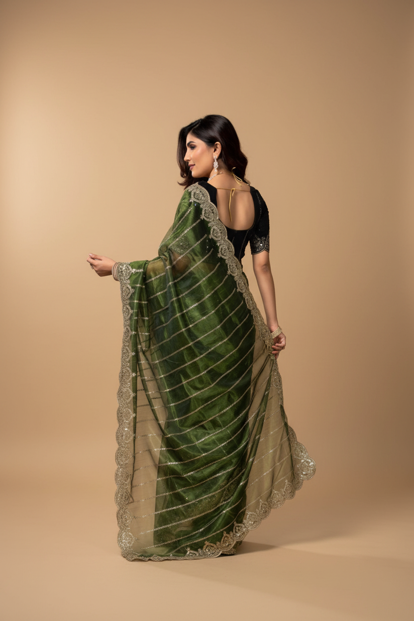 Snuggle Spot Women's Net Sequence Saree With Unstitched Blouse 5.5Mtr (Green)
