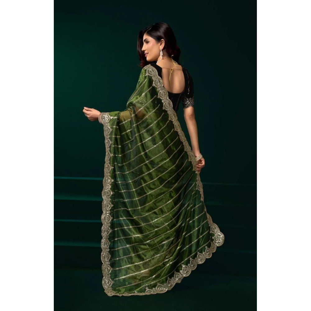 Snuggle Spot Women's Net Sequence Saree With Unstitched Blouse 5.5Mtr (Green)