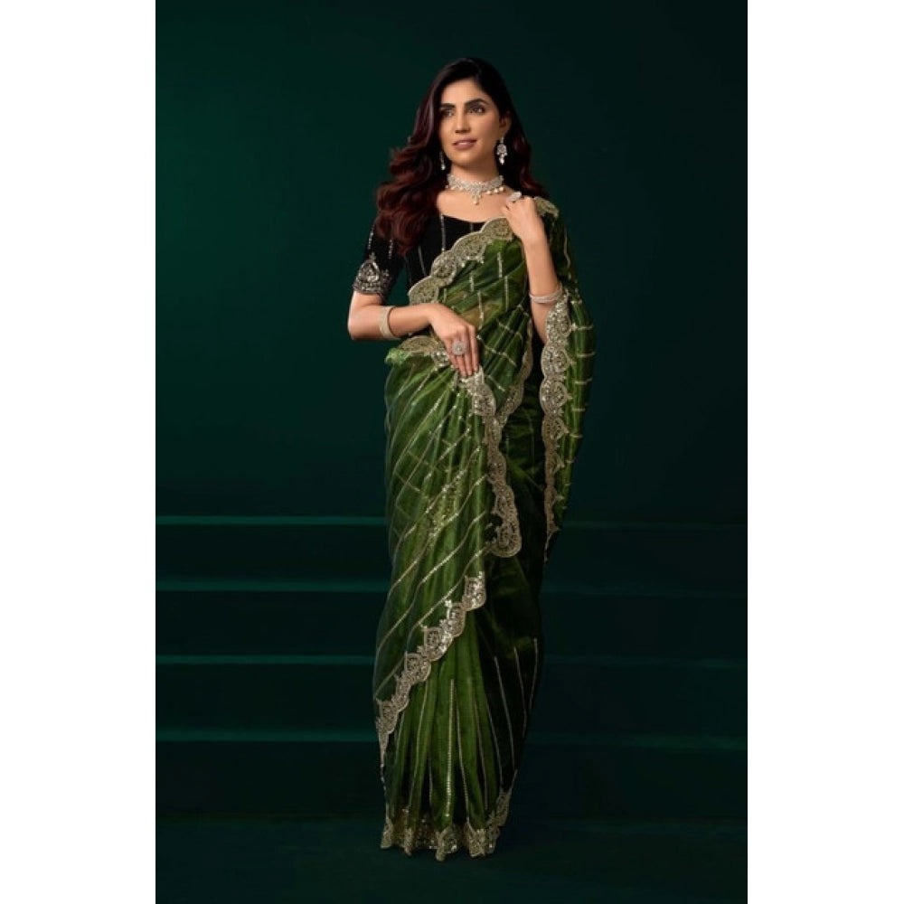 Snuggle Spot Women's Net Sequence Saree With Unstitched Blouse 5.5Mtr (Green)
