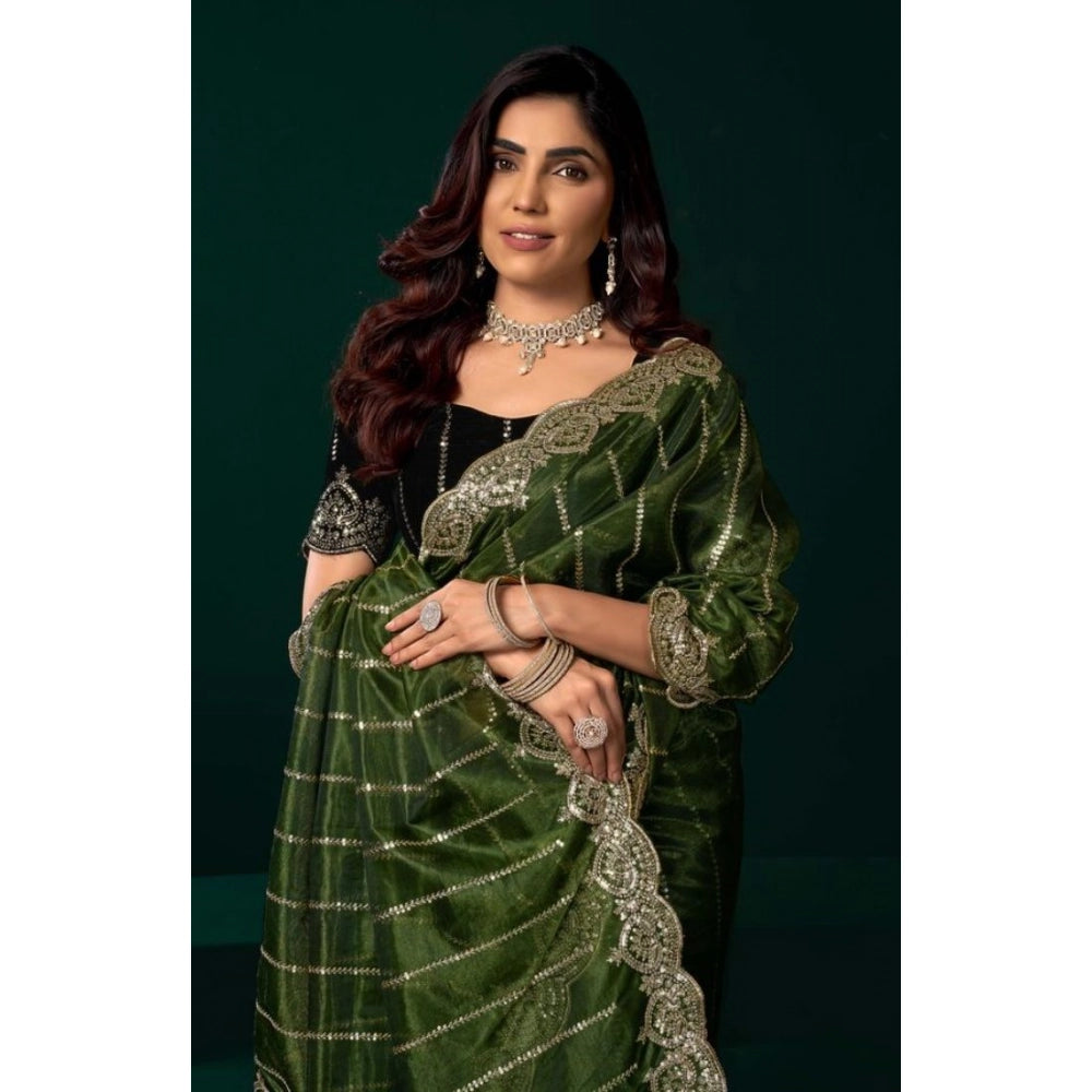 Snuggle Spot Women's Net Sequence Saree With Unstitched Blouse 5.5Mtr (Green)