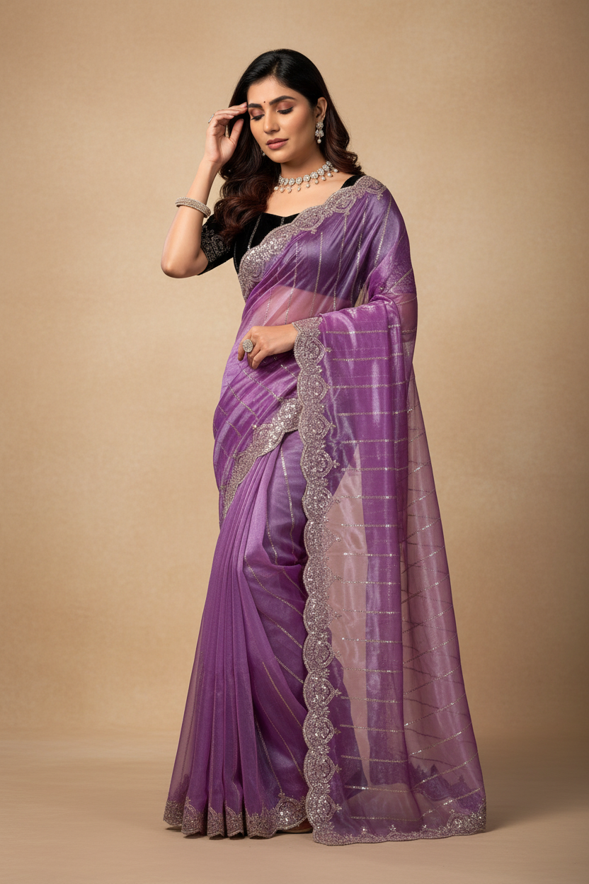 Snuggle Spot Women's Net Sequence Saree With Unstitched Blouse 5.5Mtr (Lavender)