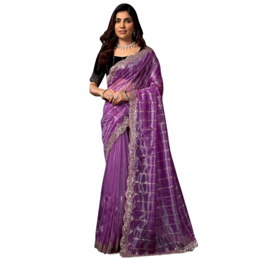Snuggle Spot Women's Net Sequence Saree With Unstitched Blouse 5.5Mtr (Lavender)