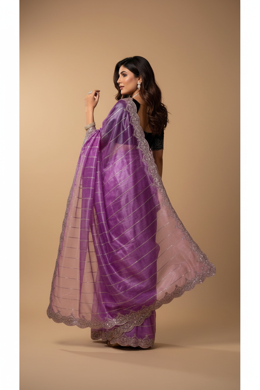 Snuggle Spot Women's Net Sequence Saree With Unstitched Blouse 5.5Mtr (Lavender)