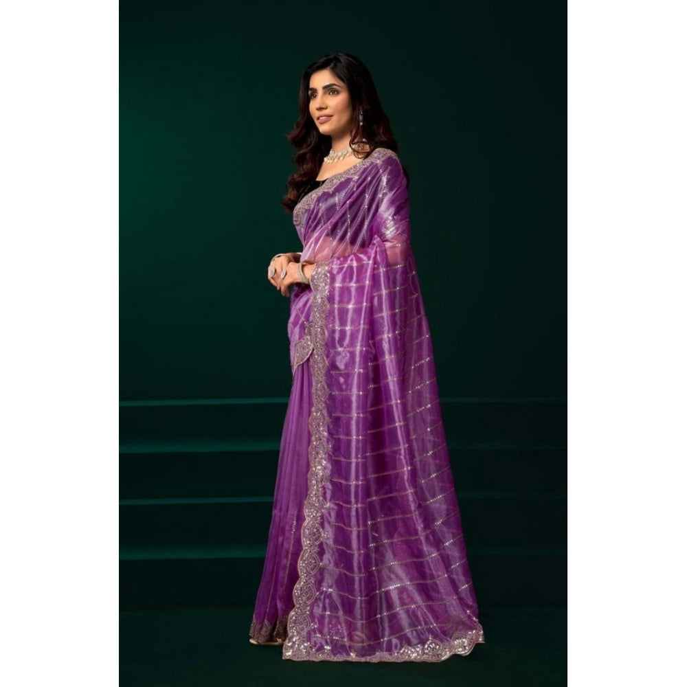 Snuggle Spot Women's Net Sequence Saree With Unstitched Blouse 5.5Mtr (Lavender)