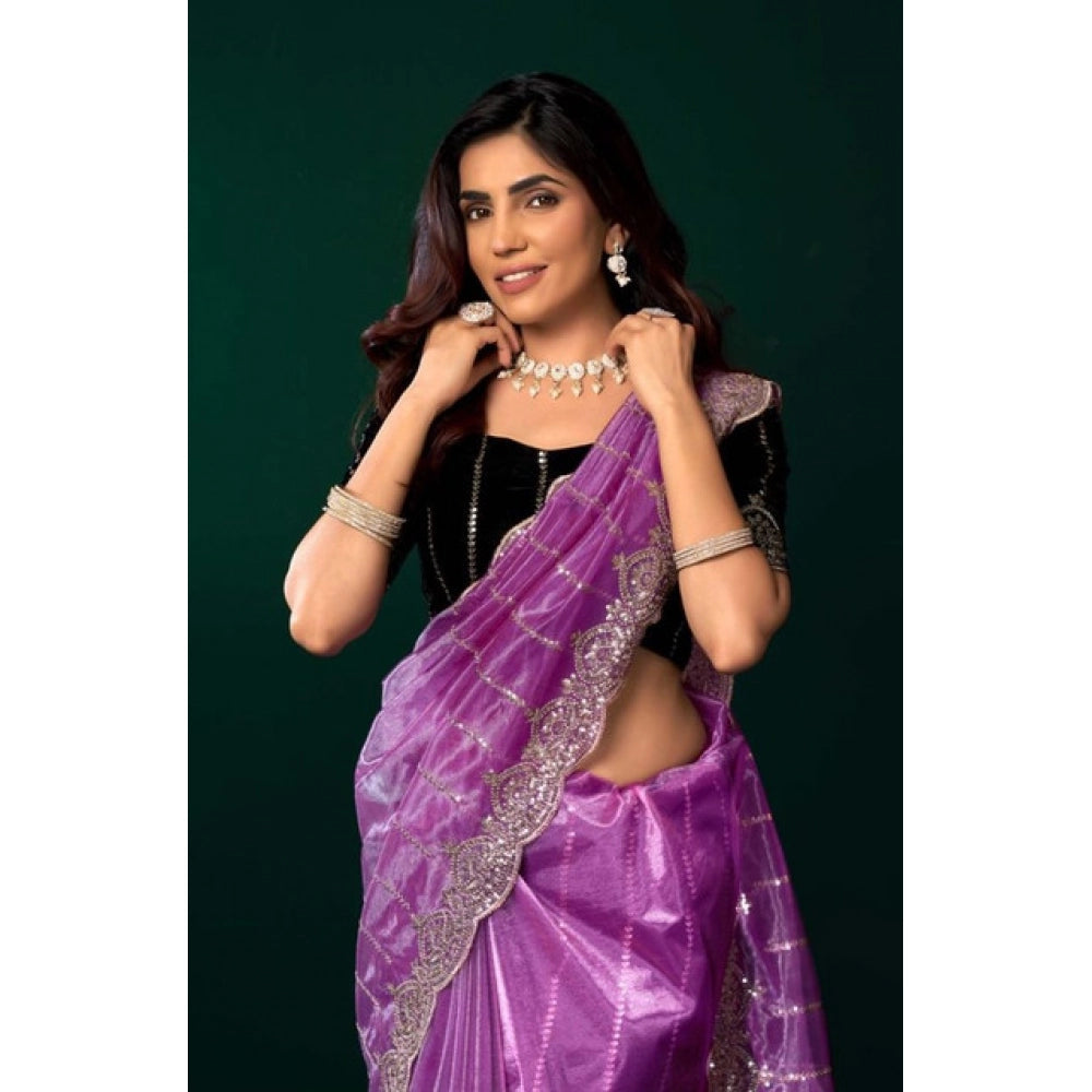 Snuggle Spot Women's Net Sequence Saree With Unstitched Blouse 5.5Mtr (Lavender)