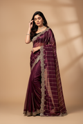 Snuggle Spot Women's Net Sequence Saree With Unstitched Blouse 5.5Mtr (Maroon)