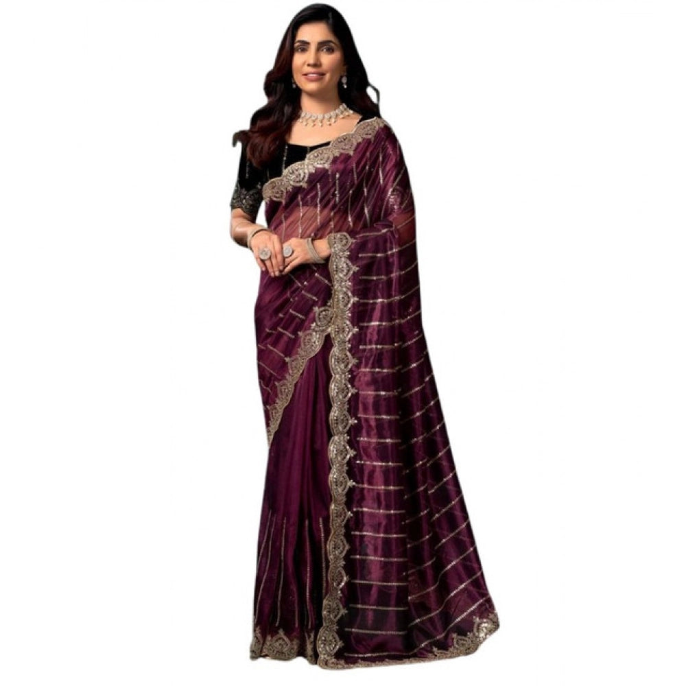 Snuggle Spot Women's Net Sequence Saree With Unstitched Blouse 5.5Mtr (Maroon)