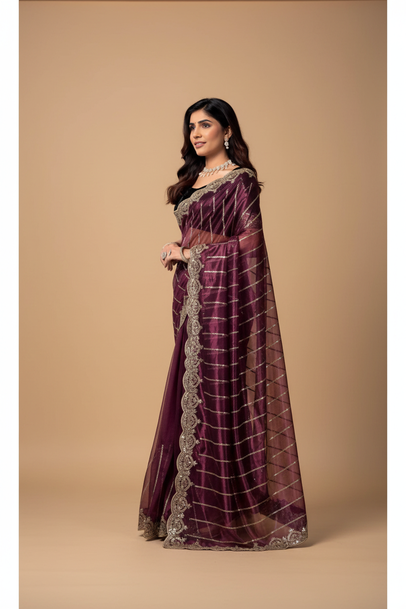 Snuggle Spot Women's Net Sequence Saree With Unstitched Blouse 5.5Mtr (Maroon)