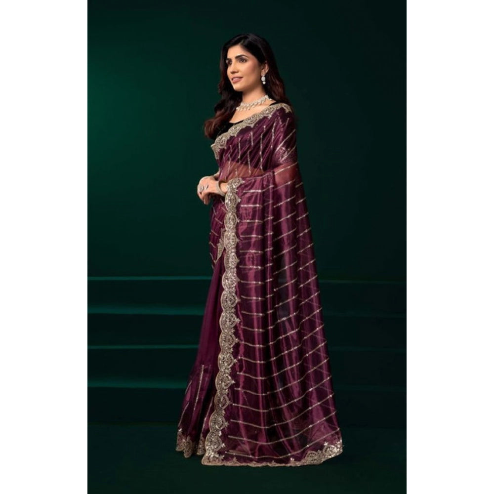 Snuggle Spot Women's Net Sequence Saree With Unstitched Blouse 5.5Mtr (Maroon)