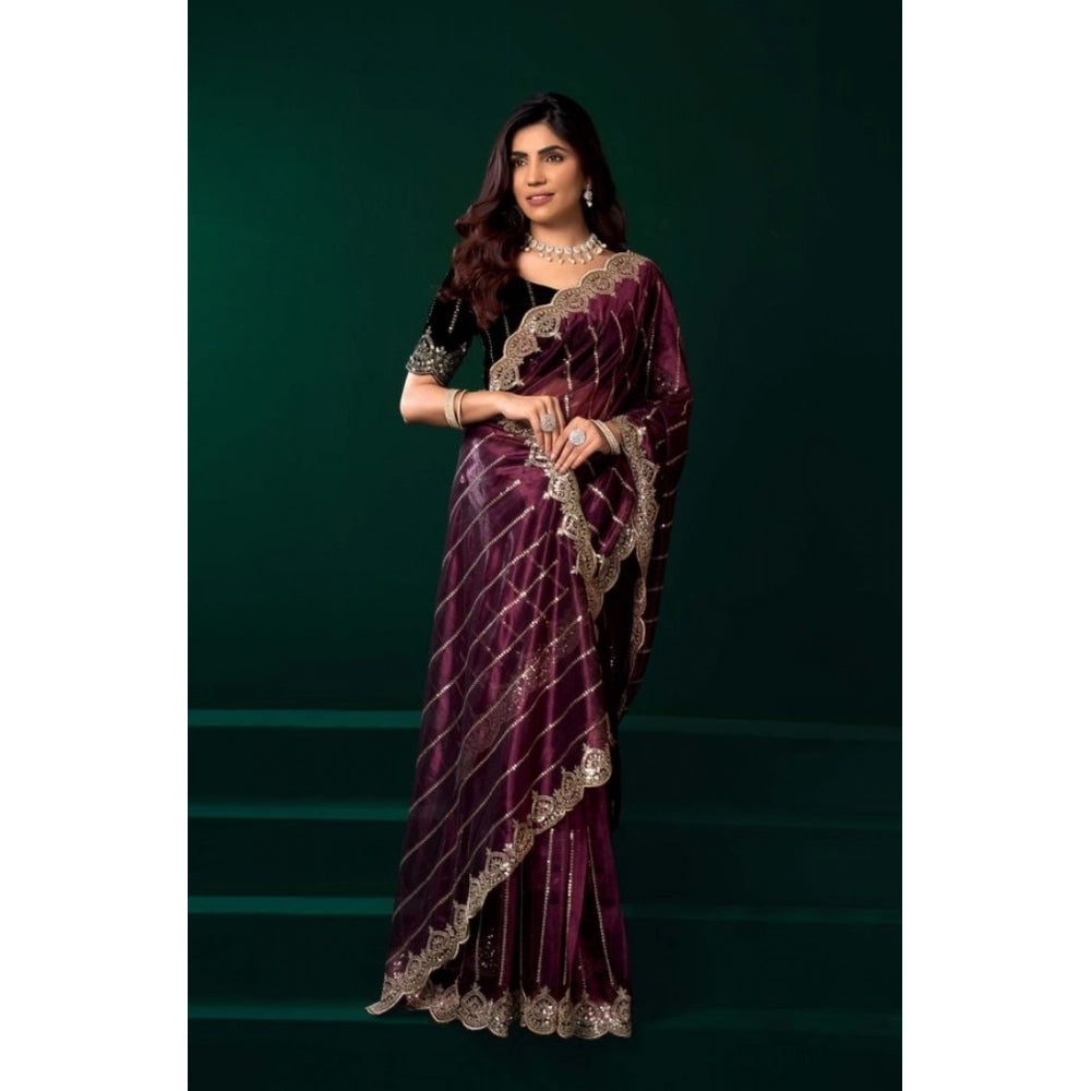 Snuggle Spot Women's Net Sequence Saree With Unstitched Blouse 5.5Mtr (Maroon)