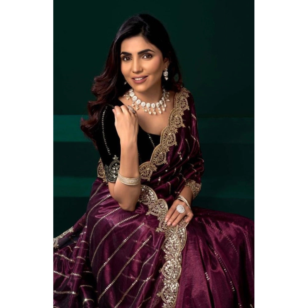 Snuggle Spot Women's Net Sequence Saree With Unstitched Blouse 5.5Mtr (Maroon)