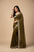 Snuggle Spot Women's Net Sequence Saree With Unstitched Blouse 5.5Mtr (Olive)