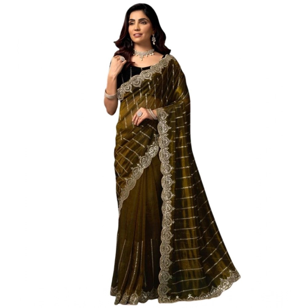 Snuggle Spot Women's Net Sequence Saree With Unstitched Blouse 5.5Mtr (Olive)