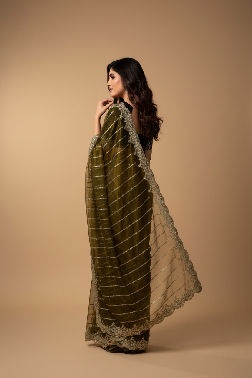 Snuggle Spot Women's Net Sequence Saree With Unstitched Blouse 5.5Mtr (Olive)