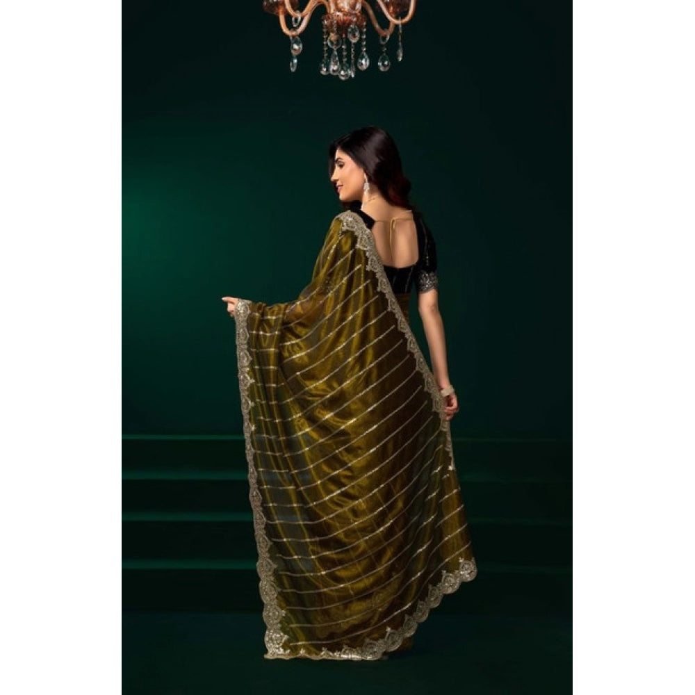 Snuggle Spot Women's Net Sequence Saree With Unstitched Blouse 5.5Mtr (Olive)