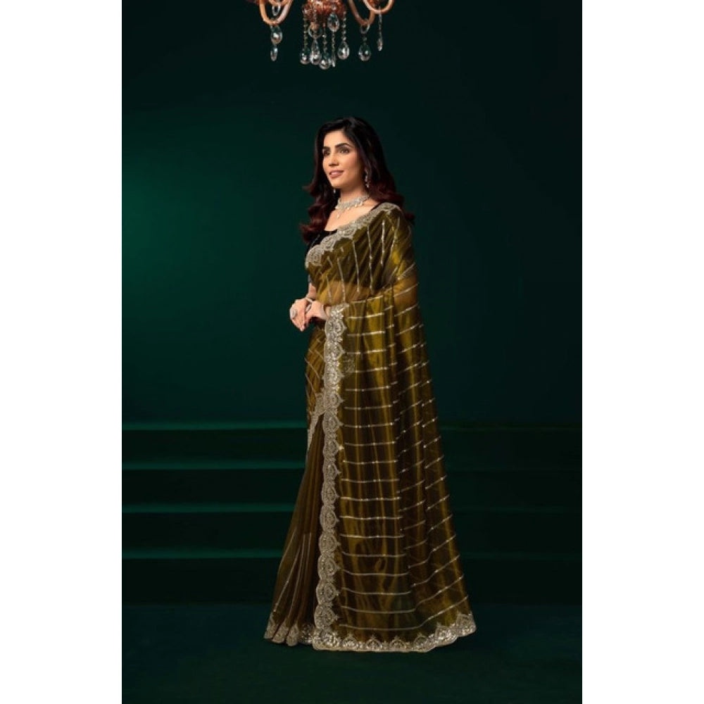 Snuggle Spot Women's Net Sequence Saree With Unstitched Blouse 5.5Mtr (Olive)