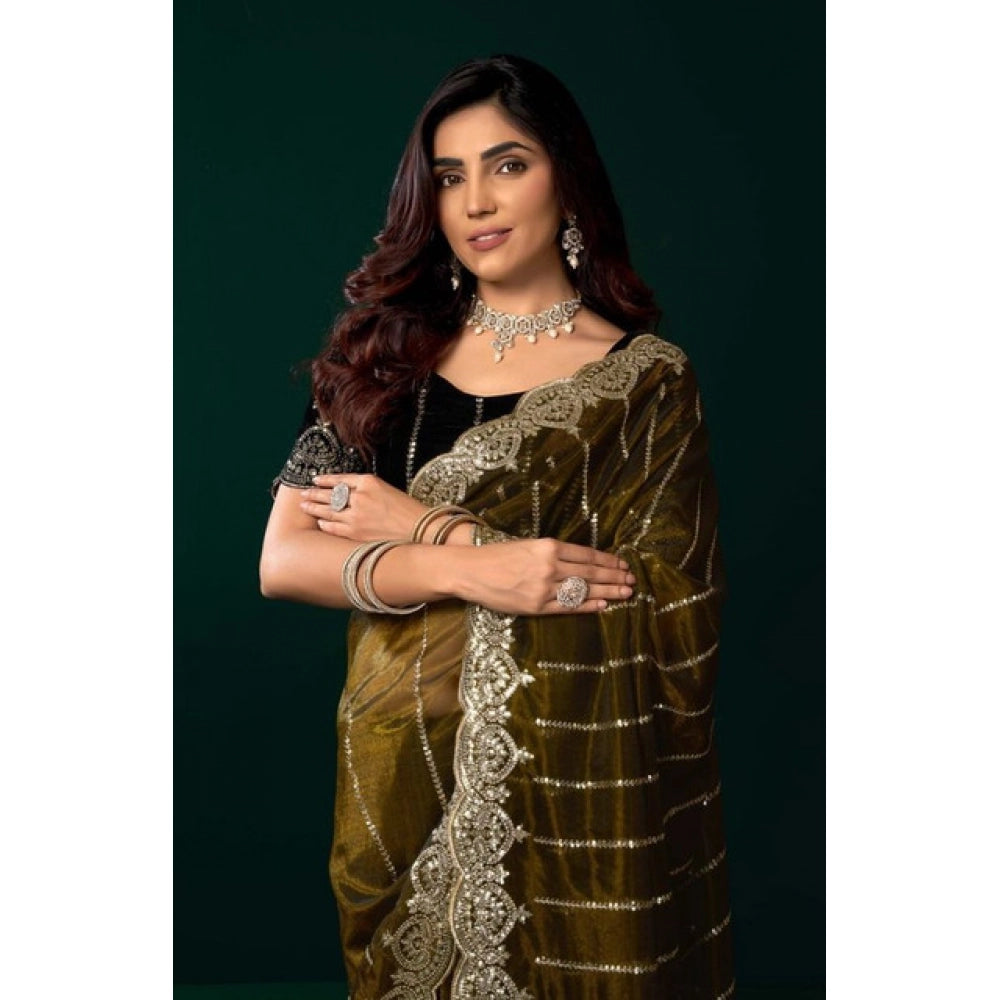 Snuggle Spot Women's Net Sequence Saree With Unstitched Blouse 5.5Mtr (Olive)
