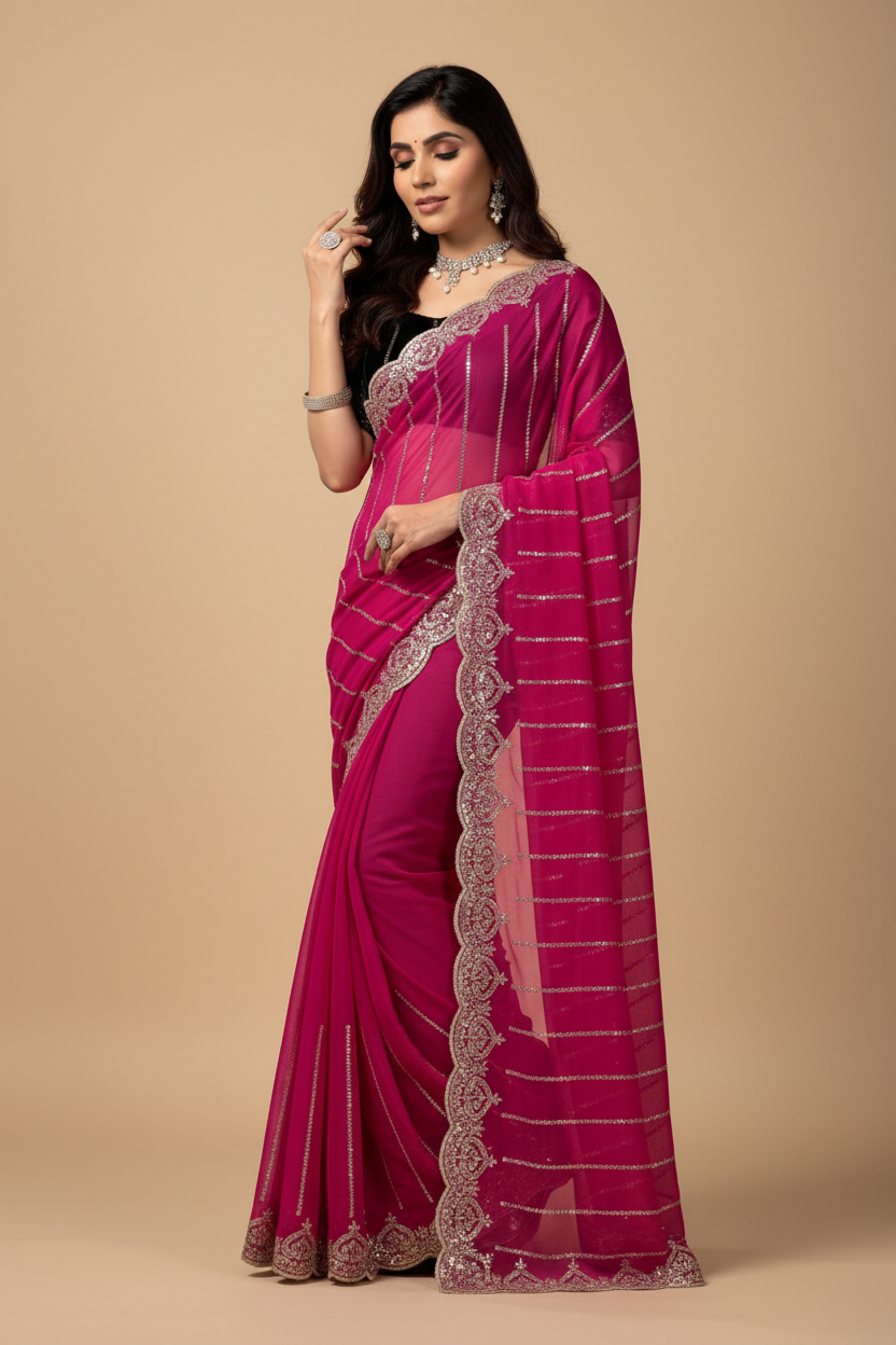 Snuggle Spot Women's Net Sequence Saree With Unstitched Blouse 5.5Mtr (Pink)