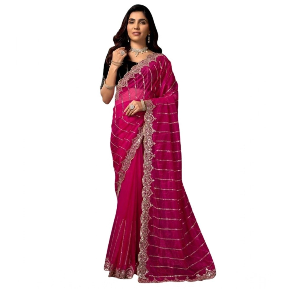 Snuggle Spot Women's Net Sequence Saree With Unstitched Blouse 5.5Mtr (Pink)