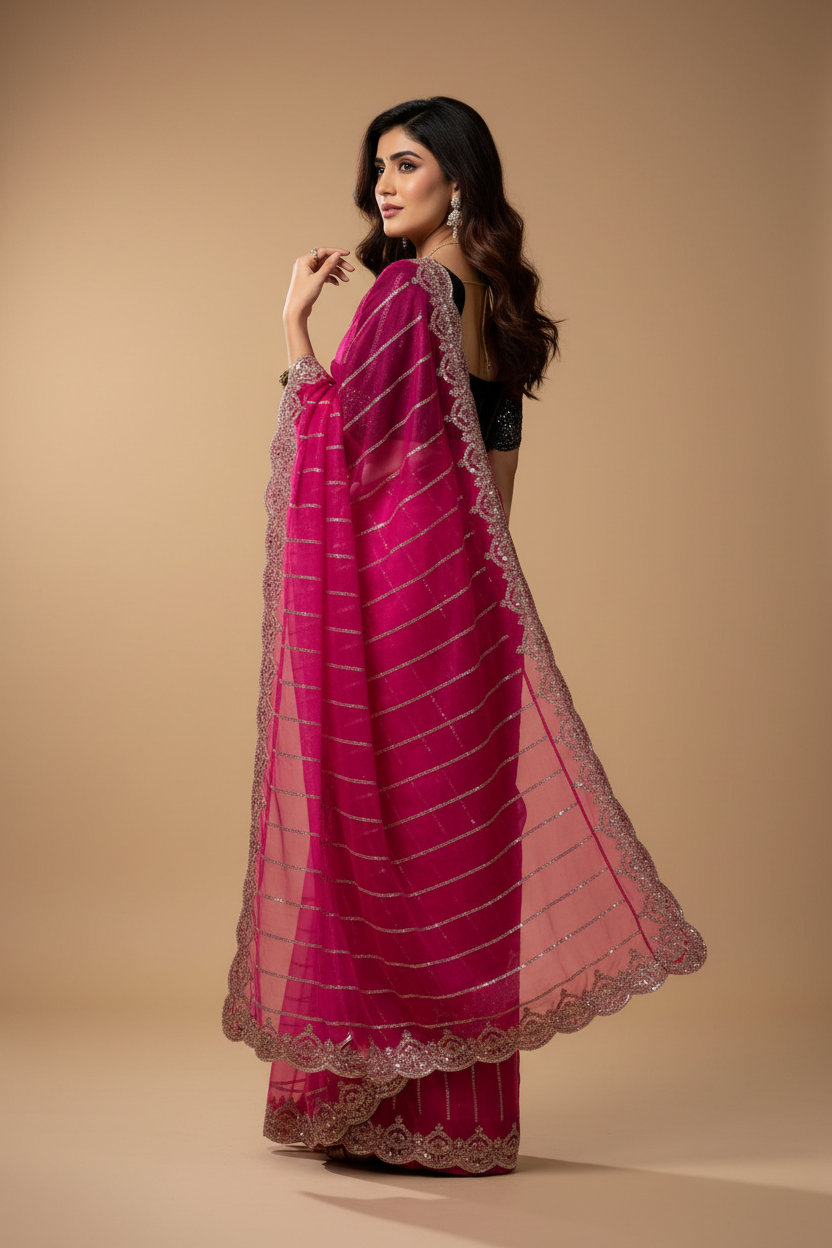 Snuggle Spot Women's Net Sequence Saree With Unstitched Blouse 5.5Mtr (Pink)