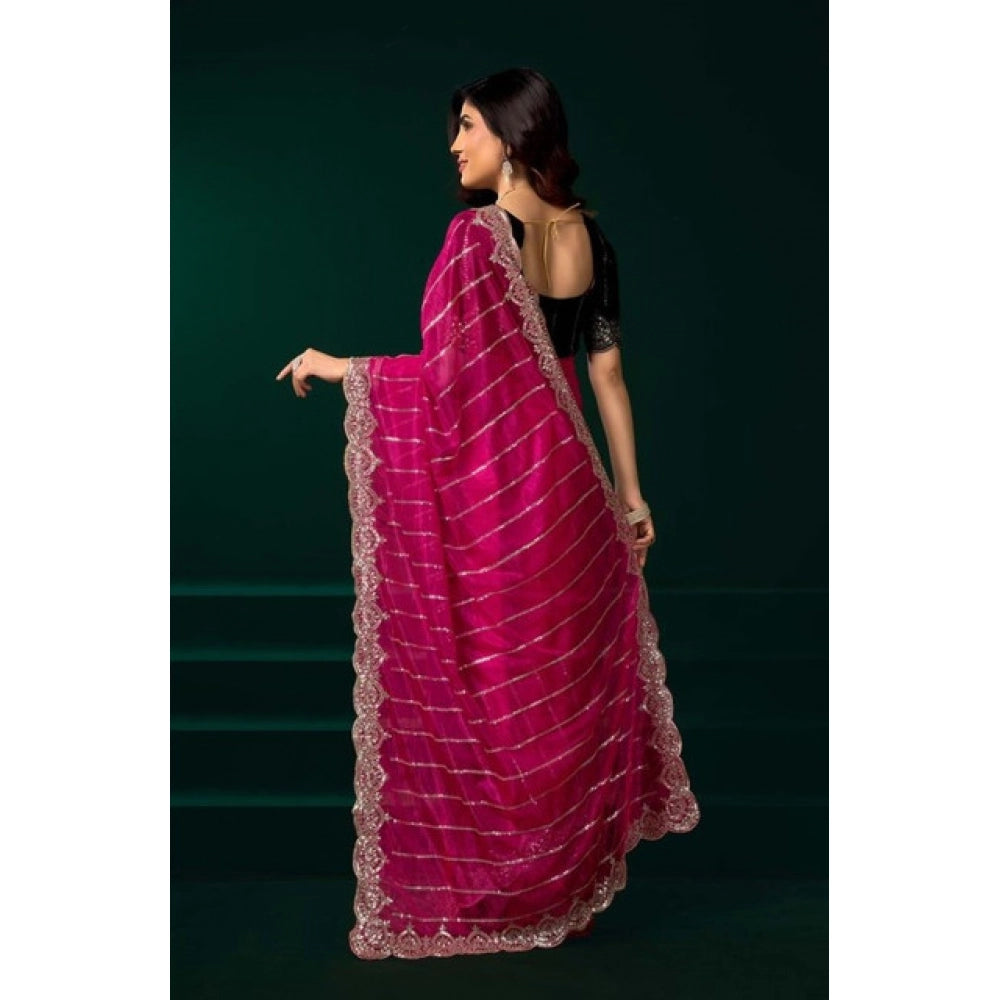 Snuggle Spot Women's Net Sequence Saree With Unstitched Blouse 5.5Mtr (Pink)