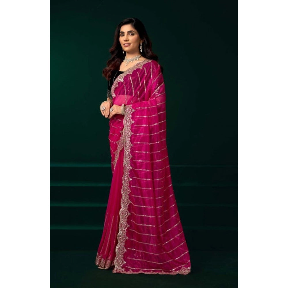 Snuggle Spot Women's Net Sequence Saree With Unstitched Blouse 5.5Mtr (Pink)