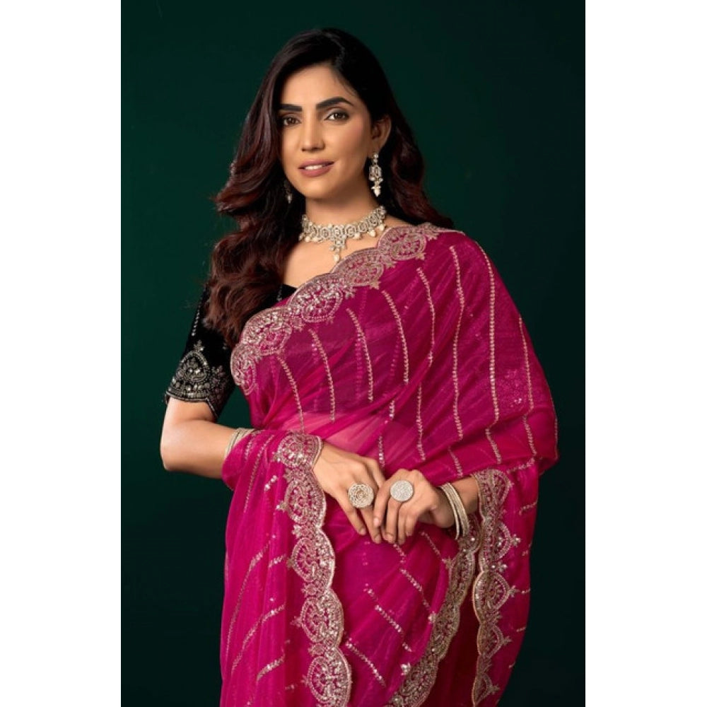 Snuggle Spot Women's Net Sequence Saree With Unstitched Blouse 5.5Mtr (Pink)