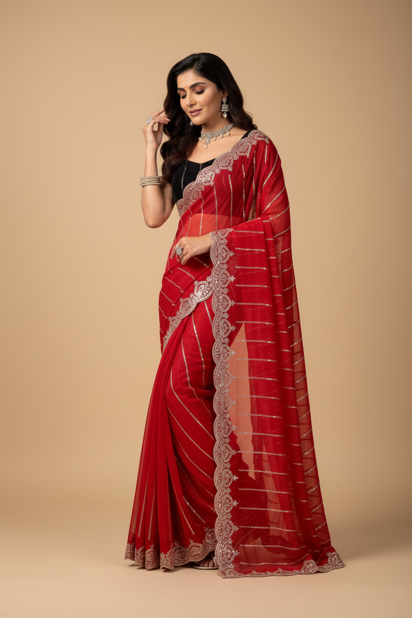 Snuggle Spot Women's Net Sequence Saree With Unstitched Blouse 5.5Mtr (Red)