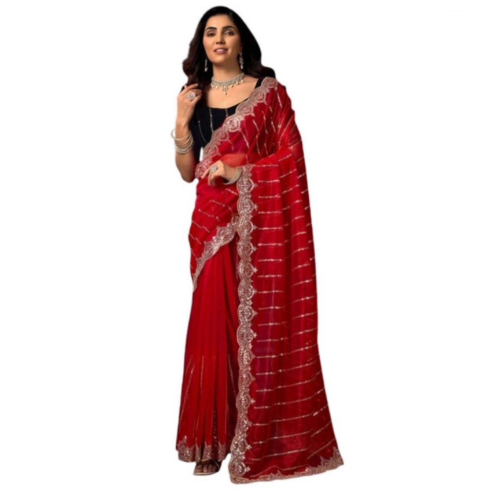 Snuggle Spot Women's Net Sequence Saree With Unstitched Blouse 5.5Mtr (Red)