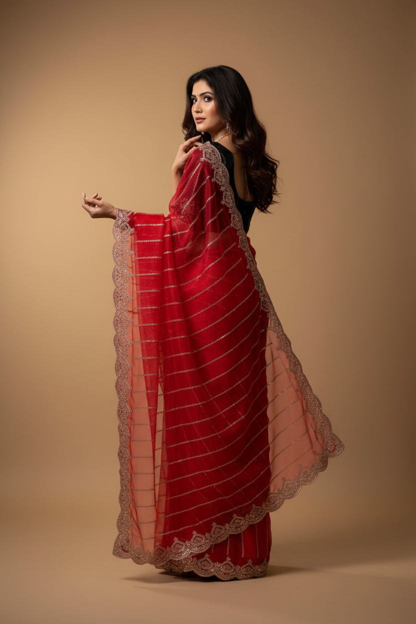 Snuggle Spot Women's Net Sequence Saree With Unstitched Blouse 5.5Mtr (Red)