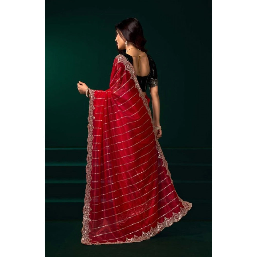 Snuggle Spot Women's Net Sequence Saree With Unstitched Blouse 5.5Mtr (Red)