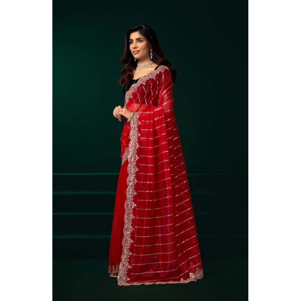 Snuggle Spot Women's Net Sequence Saree With Unstitched Blouse 5.5Mtr (Red)