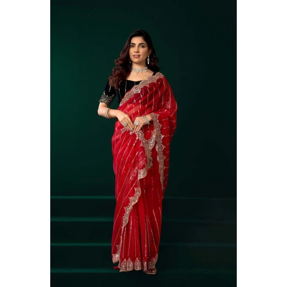 Snuggle Spot Women's Net Sequence Saree With Unstitched Blouse 5.5Mtr (Red)